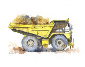 Yellow Dump Truck Print for Boys Bedroom, Construction  Print for Nursery, Truck Wall Art,  Watercolor