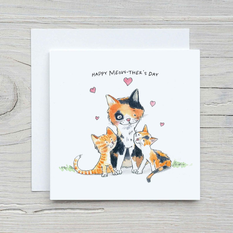 Cat Mother's Day Card for Mom from the Kids, Happy Meow-ther's Day, Blank or Free Personalization, Square, Watercolor image 2