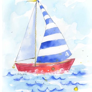 Blue Sailboat Print for Baby Nursery or Toddler's Bedroom, Nautical Wall Art for Kids' Rooms, Preschool, Playroom Decor, Watercolor image 1