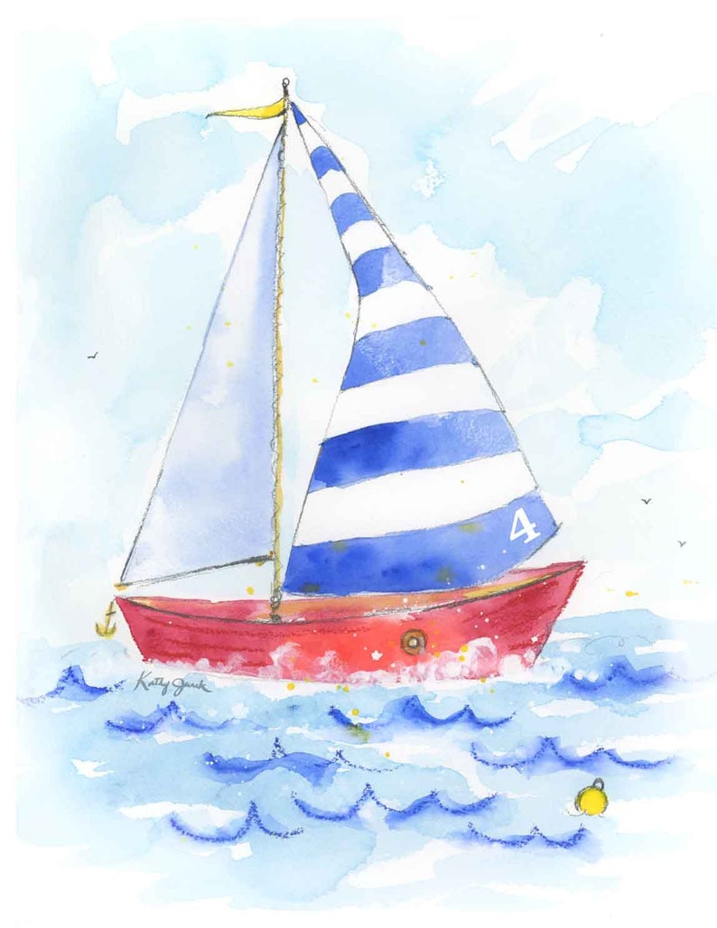 Blue Sailboat Print for Baby Nursery or Toddler's Bedroom, Nautical Wall Art for Kids' Rooms, Preschool, Playroom Decor, Watercolor image 1