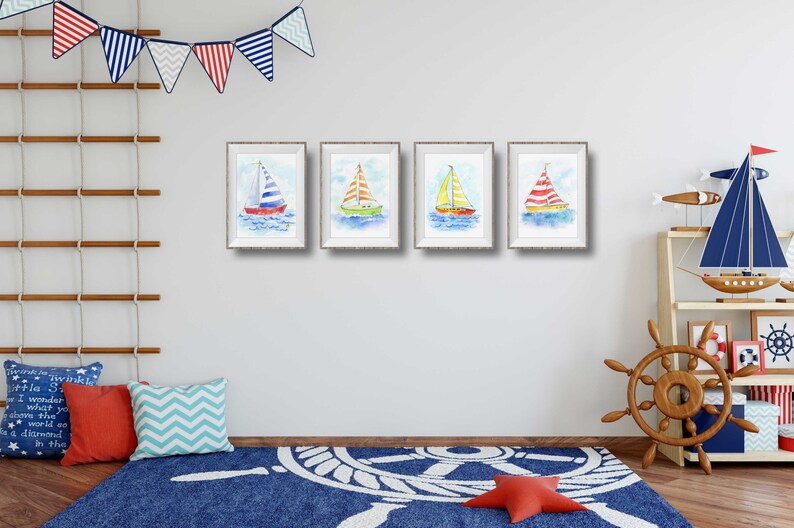 Yellow Sailboat Print for Baby and Toddlers Rooms, Nautical Nursery Wall Decor, Boys and Girls, Preschool Playroom, Watercolor image 4