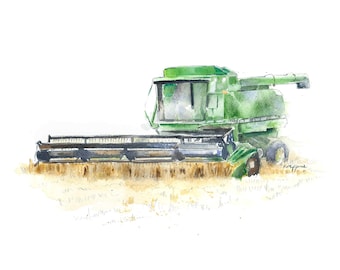 Green Combine Print #2, Combine Painting, Tractor Wall Art, Farm Nursery Decor, Baby Toddler Boys' Rooms, Watercolor Painting