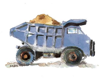 Blue Gray Dump Truck Print, Construction Wall Art, Boys Construction Room Decor, Watercolor Nursery Art
