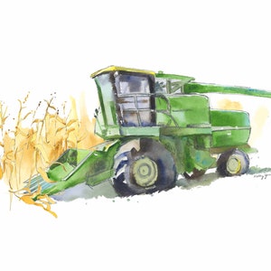 Green Combine Print, Combine Wall Art, Tractor Painting, Tractor Room Decor, Tractor Gift for Him imagem 1