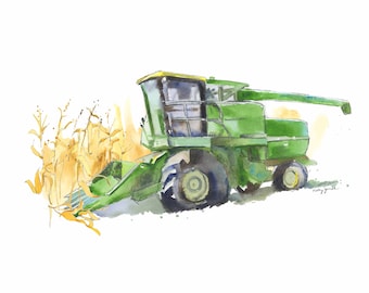 Green Combine Print, Combine Wall Art, Tractor Painting, Tractor Room Decor, Tractor Gift for Him