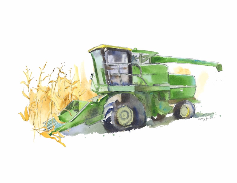 Green Combine Print, Combine Wall Art, Tractor Painting, Tractor Room Decor, Tractor Gift for Him imagem 1