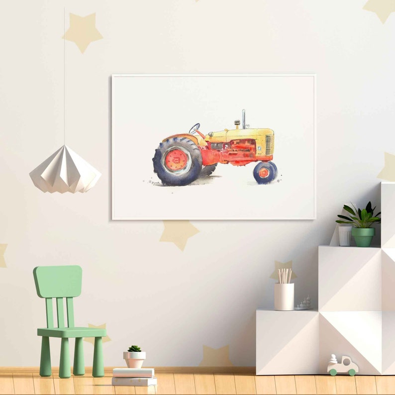 Tractor Gift, Red Yellow Tractor Print, Tractor Wall Art, Farm Nursery Decor, Boys Wall Art, Watercolor, Living, Office, Kitchen image 2