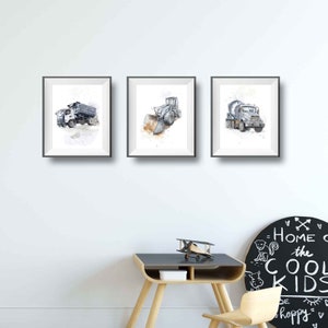 Set of 3 Blue Gray or Gray Truck Prints for Toddler Boys Room, Construction Decor, Kids Bedroom, Truck Wall Art image 6