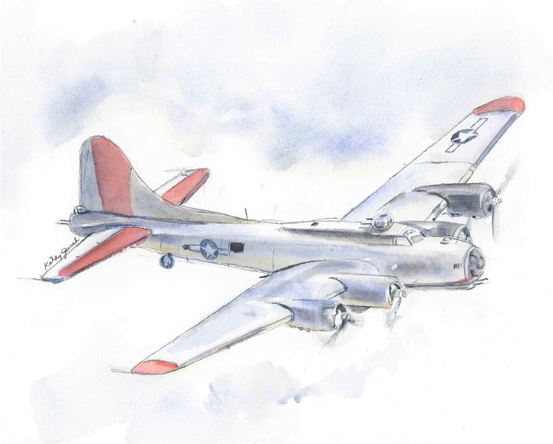 Set of 4 Military Airplane Prints for Boys Room, WWII Bombers Wall Art, B-17, B-24, B-25, B-29, Watercolor image 5