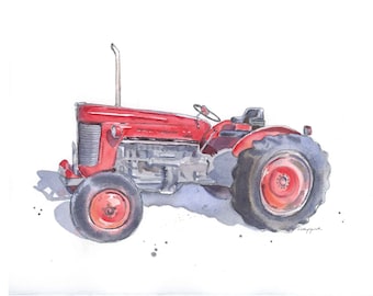 Vintage Red Tractor Print #9, Farm Nursery or Kids Room, Tractor Wall Art, Grandpa, Husband, Father's Day Gift, Watercolor