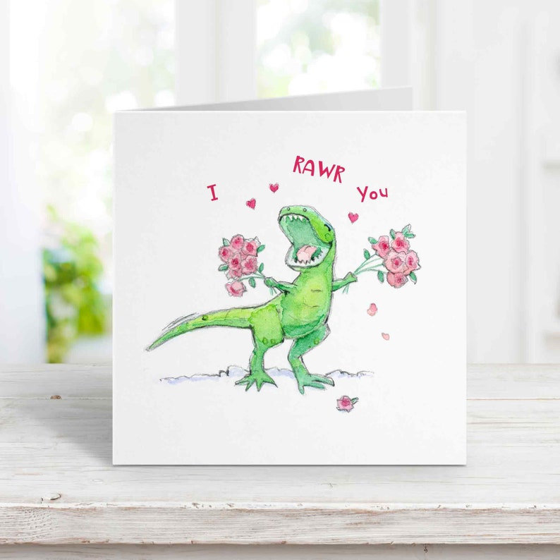Cute T-Rex I RAWR You Love Card for Birthday, Anniversary, Valentine's Day for wife, girlfriend, husband, boyfriend, Free Personalization image 1