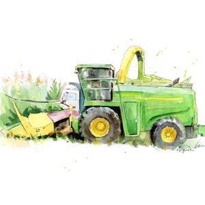 Könnte beinhalten: Ein Aquarellbild eines grün-gelben Erntemaschinen in einem Feld. Die Erntemaschine hat einen großen grünen Behälter und einen gelben Schneidkopf.