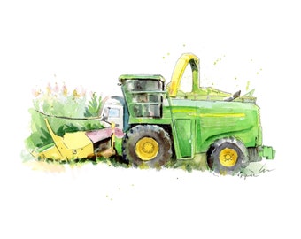 Forage Harvester Tractor Print for Baby and Toddler Boys' Bedrooms, Kids Wall Art, Farm Themed Nursery, Watercolor, Digital Download