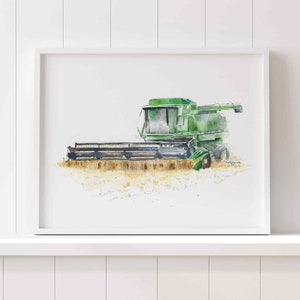 Green Combine Print 2, Combine Painting, Tractor Wall Art, Farm Nursery Decor, Baby Toddler Boys' Rooms, Watercolor Painting image 3