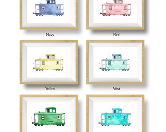 Choose a Rail Car or Caboose Print, Red, Blue, Mint, Yellow, Caboose Painting, Train Wall Art, Toddler Boy's Room Decor, Transportation