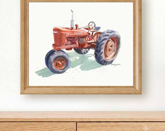 Vintage Farmall Tractor Wall Art Print, Red Farm Nursery Decor, Watercolor Tractor Painting, Boys Room Decor, Farm Baby Gift