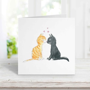 Kissing Cats Card #2, Free Personalization, Black Cat and Orange Tabby, Birthday, Anniversary Card for wife, girlfriend, husband, boyfriend