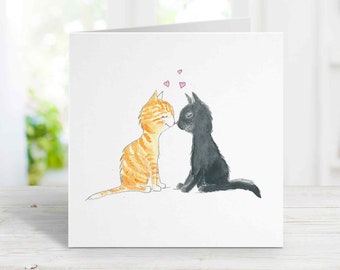 Kissing Cats Card #2, Free Personalization, Black Cat and Orange Tabby, Birthday, Anniversary Card for wife, girlfriend, husband, boyfriend