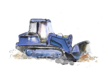 Blue Bulldozer Truck Print, Construction Wall Art Decor, Truck Nursery, Boys Construction Room Decor