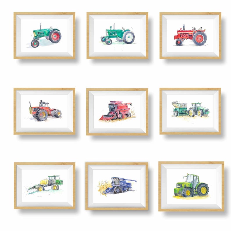 Green Tractor Print 13, Farm Nursery Wall Art, Baby Toddler Boys Room Decor, Transportation Vehicle Artwork, Watercolor Painting image 9