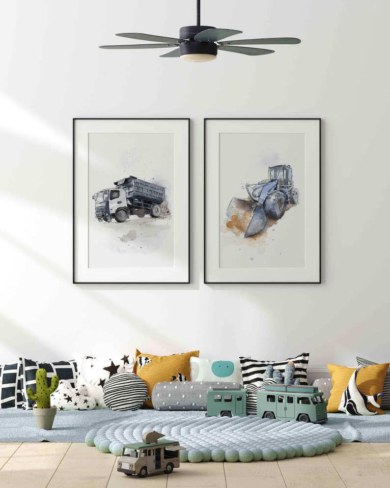 Set of 3 Blue Gray or Gray Truck Prints for Toddler Boys Room, Construction Decor, Kids Bedroom, Truck Wall Art image 7