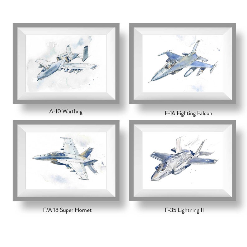 Set of Military Airplane Prints for Kids Bedroom, Baby Toddler Teen Room Decor, Nursery Art, A10, F15, F16, FA18, F22, F35, KC135, T6, B1B image 2
