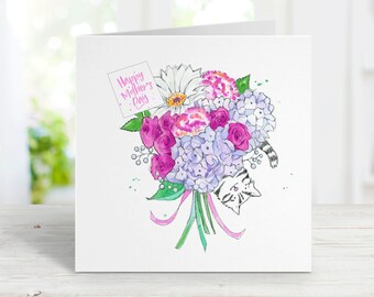 Gray Tabby Cat Mother's Day Card for Grandmother, Mom, Daughter, Girlfriend, Watercolor, Free Personalization