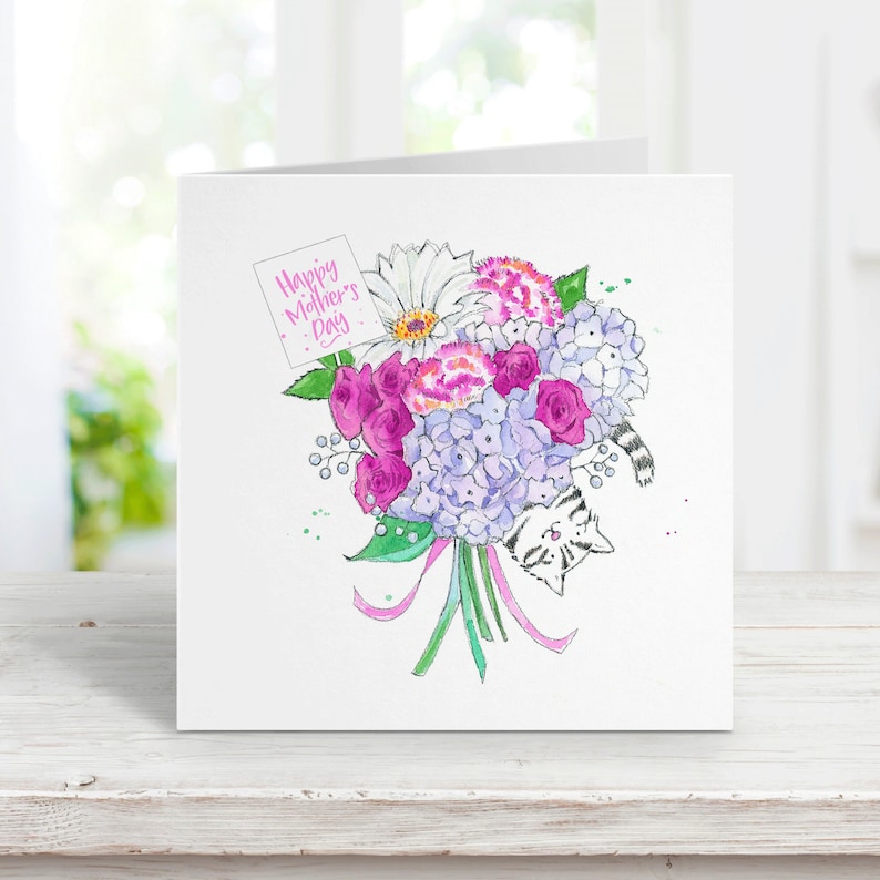 Gray Tabby Cat Mother's Day Card for Grandmother, Mom, Daughter, Girlfriend, Watercolor, Free Personalization imagem 1