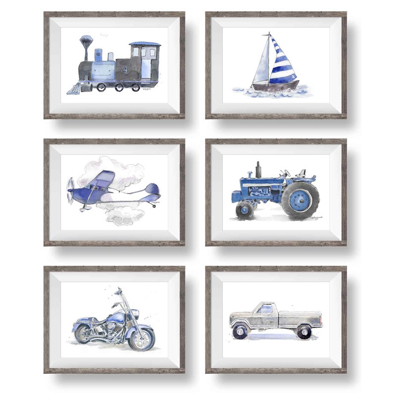 Marineblauwe tractorprint 10 voor kinderkamers, baby en peuterjongen, boerderijmuurkunstdecor, digitale download, aquarel afbeelding 6