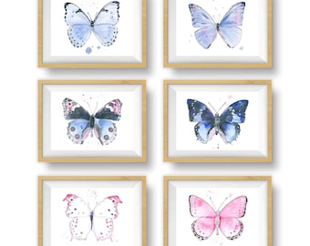 Butterfly Wall Art Set for Baby Toddler Teen Girls Rooms, Butterflies Nursery Decor, Blue Butterfly Gifts, Watercolor Art