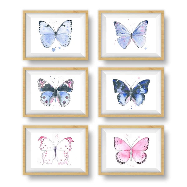 Butterfly Wall Art Set for Baby Toddler Teen Girls Rooms, Butterflies Nursery Decor, Blue Butterfly Gifts, Watercolor Art