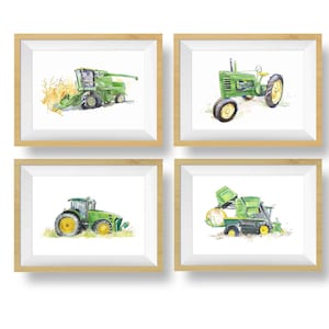 Set of 4 Green Tractor Prints, Farm Nursery Wall Art, Tractor Decor for Boys Room, Combine, Cotton Picker, DIGITAL Download image 1