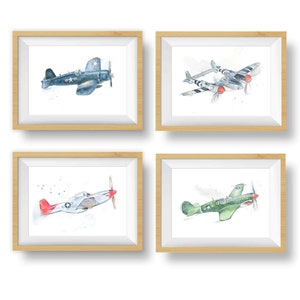 Set of 4 WWII Military Airplane Prints for Boys Room, Kids Wall Decor, Nursery Wall Art, Watercolor