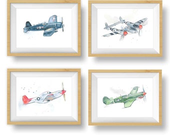 Set of 4 WWII Military Airplane Prints for Boys Room, Kids Wall Decor, Nursery Wall Art, Watercolor