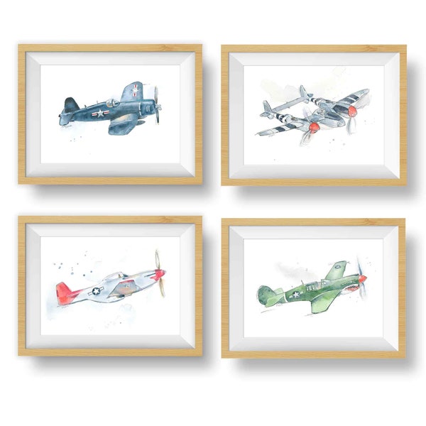 Set of 4 WWII Military Airplane Prints for Boys Room, Kids Wall Decor, Nursery Wall Art, Watercolor