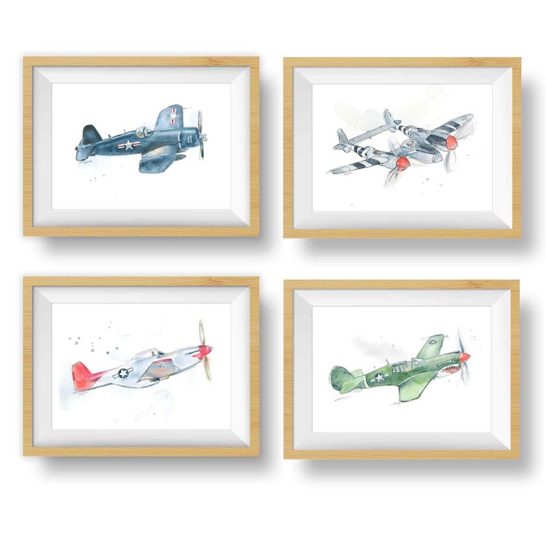 Set of 4 WWII Military Airplane Prints for Boys Room, Kids Wall Decor, Nursery Wall Art, Watercolor image 1