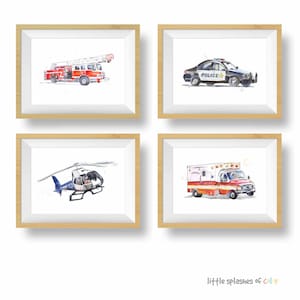 Set of 4 Rescue Vehicles Wall Art for Baby and Toddler Boys Rooms, Kids Wall Decor, Nursery Wall Art, Watercolor