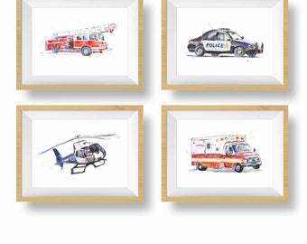 Set of 4 Rescue Vehicles Wall Art for Baby and Toddler Boys Rooms, Kids Wall Decor, Nursery Wall Art, Watercolor