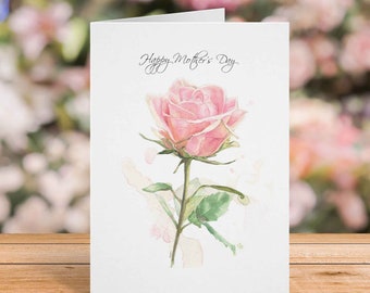 Mother's Day Card for Wife, Mom, Daughter, Pink Rose Watercolor, Free Personalization