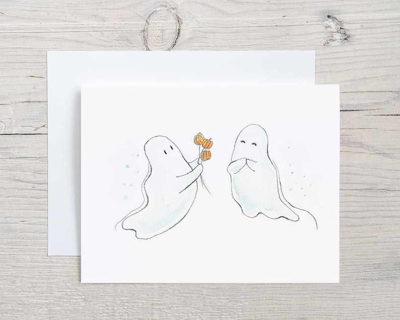 I Love Boo Card, Cute Ghost Anniversary Card, Halloween Love Card, Spooky Cute Greeting Card, October Birthday Card, Watercolor Card image 3