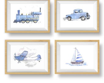 Light Blue Transportation Prints for Baby and Toddler Boys Room, Kids Nursery Wall Art, Choose from 14+ Images