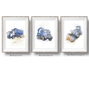 Set of 3 Blue Gray Construction Truck Prints for Nursery or Toddler Boys Room Decor, Truck Wall Art, Portrait Orientation, Watercolor