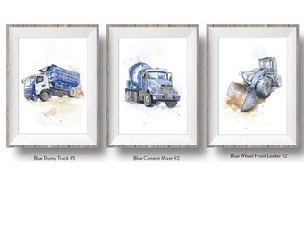 Set of 3 Blue Gray Construction Truck Prints for Nursery or Toddler Boys Room Decor, Truck Wall Art, Portrait Orientation, Watercolor