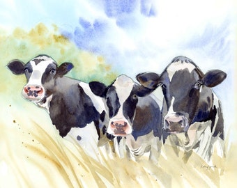 Impresión de acuarela de vacas Holstein: arte de pared de granja