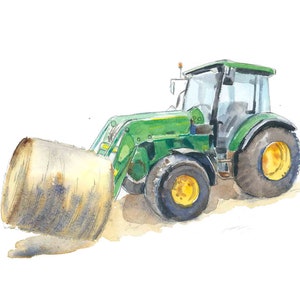 Green Tractor Print #14, Haybaler Wall Art for Farm Nursery, Baby Toddler Boys Room Decor, Watercolor