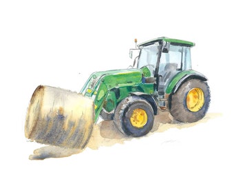 Groene tractor print #14, hooibalen kunst aan de muur voor boerderij kwekerij, baby peuter jongens kamer decor, aquarel