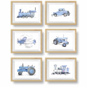 Light Blue Transportation Prints for Toddler Boys Room, Set of 3, 4, or 6, Vehicle Wall Art, Truck Prints, Train Print, Airplane, Sailboat