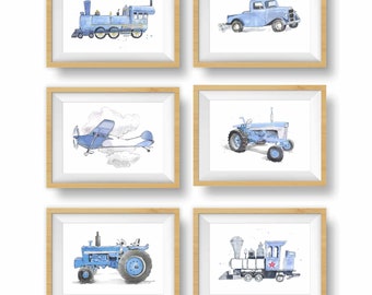 Light Blue Transportation Prints for Toddler Boys Room, Set of 3, 4, or 6, Vehicle Wall Art, Truck Prints, Train Print, Airplane, Sailboat