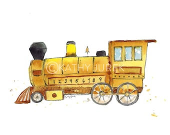 Yellow Steam Engine Train Print, Transportation Nursery Wall Art Decor for Toddler Boy's Room, Watercolor