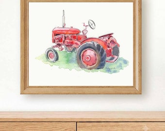 Vintage Red Tractor Wall Art Print, Farm Nursery Decor Boy, Watercolor Tractor Painting, Rustic Kids Room, Farm Baby Gift, Digital Download